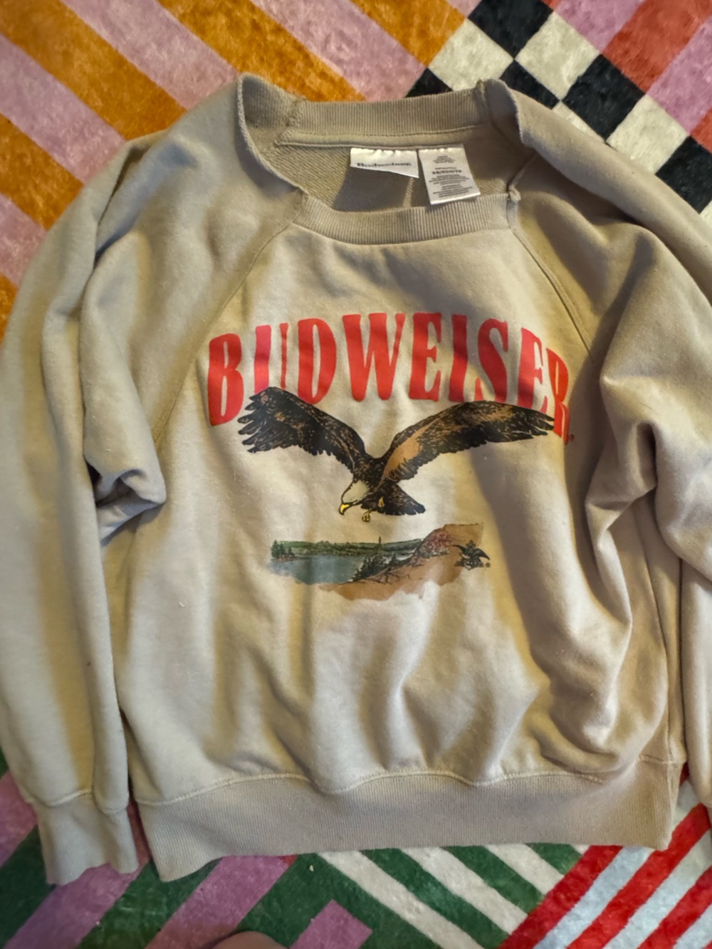 Budweiser Beige Crewneck Sweatshirt with Eagle Graphic and Red Logo